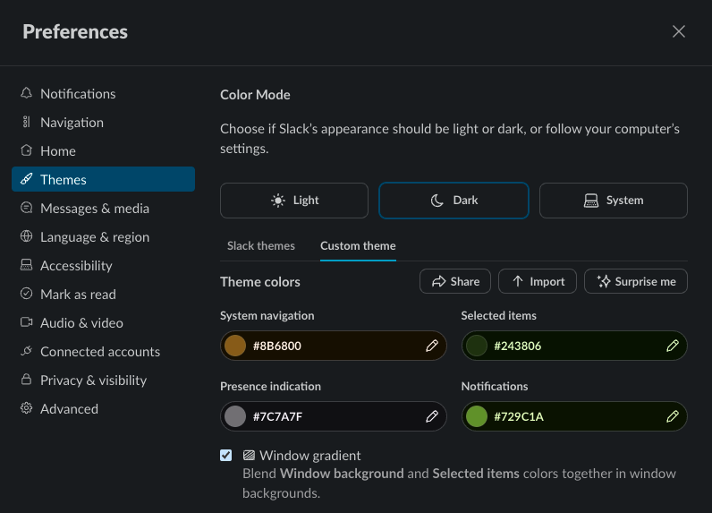 slack color theme settings